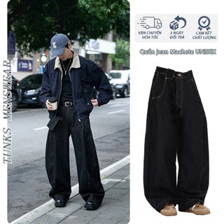  Quần jean đen ống rộng wash  nam nữ loang màu phối dây phong cách cá tính hiphop chuẩn boy phố sang chảnh phong cách 