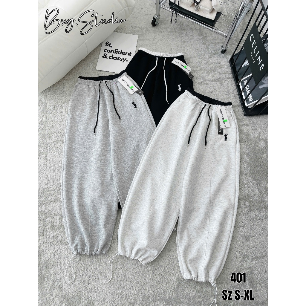 Quần suông ống rộng thêu ngựa phôi cạp mặc 2 kiêu suông và joger chất mì nỉ cao câp mã 401