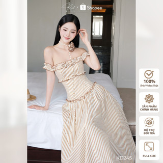  Đầm Khiết Style dáng maxi dài trễ vai viền nhún bèo kẻ sọc phong cách nữ tính thanh lịch KD245 