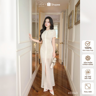  Đầm dài Khiết Style ren thun xẻ tà mix cùng hoa đính thủ công màu trắng kem thanh lịch KD340 