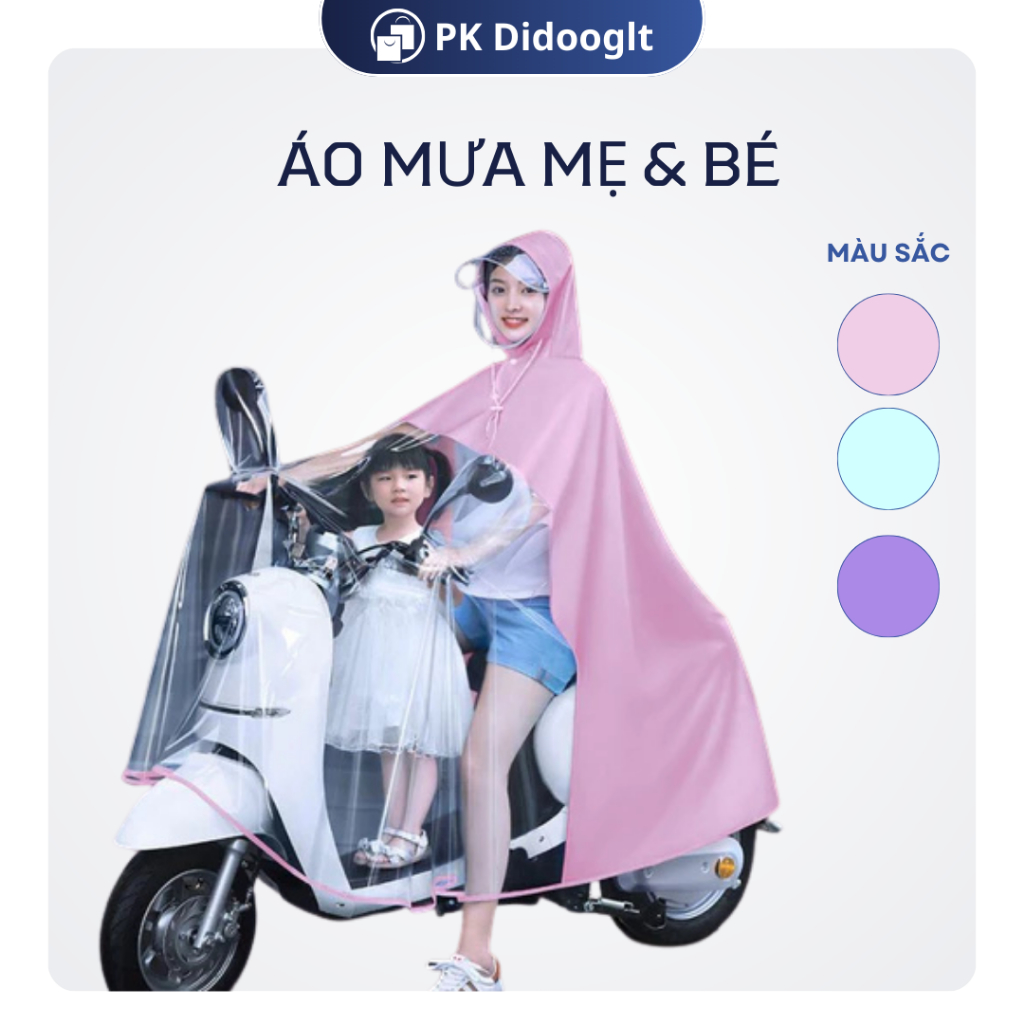 Áo mưa nửa trước trong suốt cho Mẹ và Bé, che phủ toàn thân, kèm kính chắn mưa tiện lợi DIDOOGLT