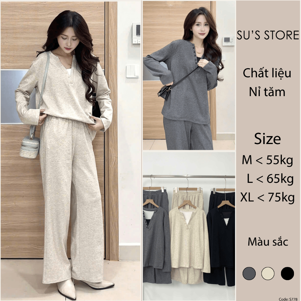 Set Đồ Nữ Áo Cổ V Phối Cúc Dáng Suông Kèm Quần Culottes Su Chang S778 Thời Trang Nữ Bigsize | BigBuy360 - bigbuy360.vn