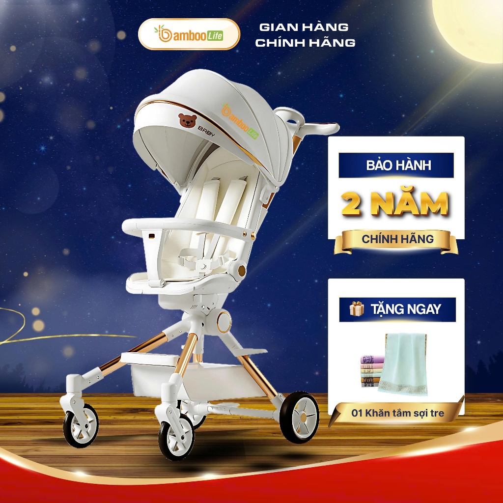 Xe đẩy gấp gọn cho bé Bamboo Life cao cấp 2 chiều, xe đẩy cho bé xoay 360 độ an toàn đa năng