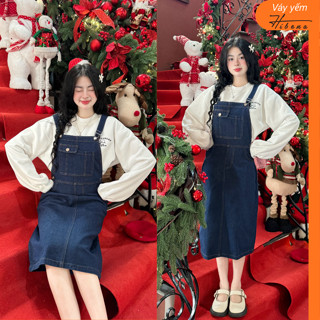 Váy yếm jean nữ dáng dài, váy đầm bò phối túi trước 2 dây điều chỉnh Y02 Hibena