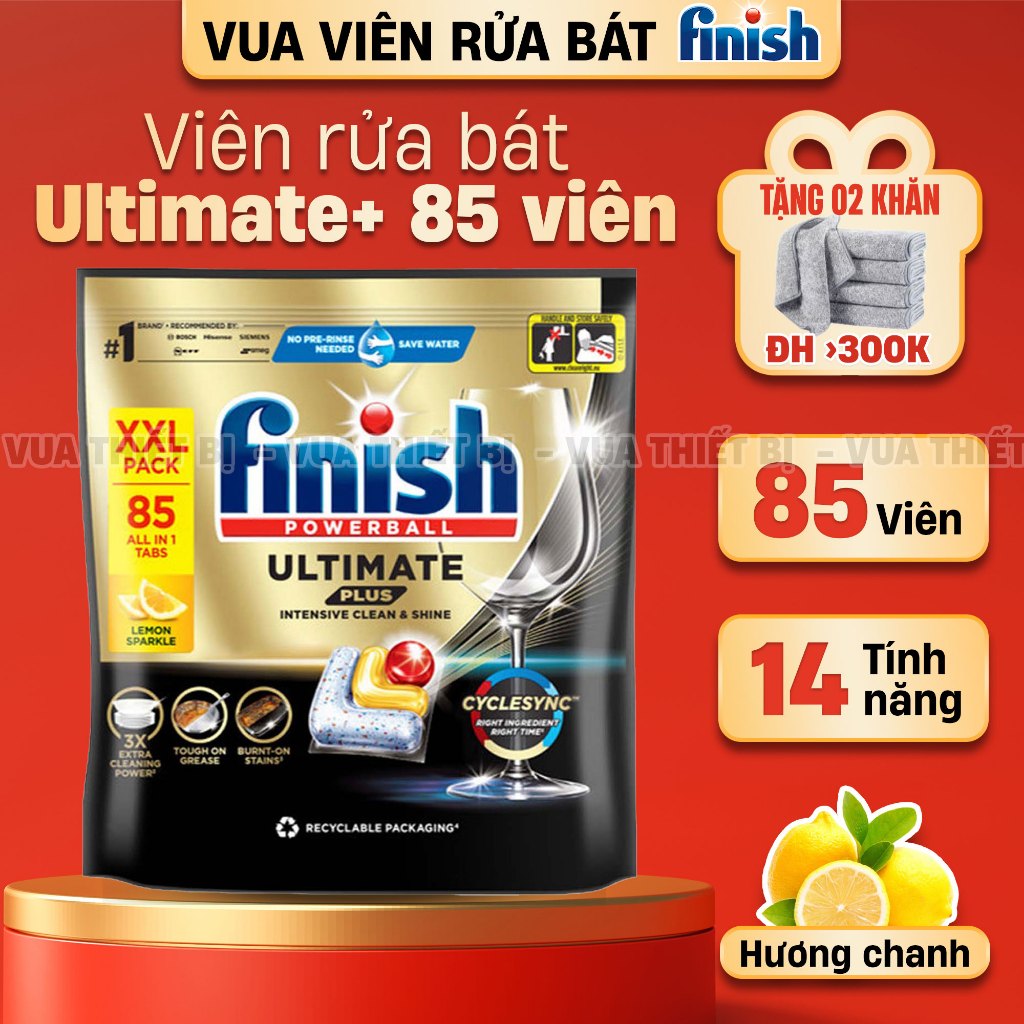 Viên rửa bát FINISH Ultimate+ Plus 85 viên Túi tẩy chén chính hãng 85v 33 33v All in 1 chanh powerball 14 tính năng