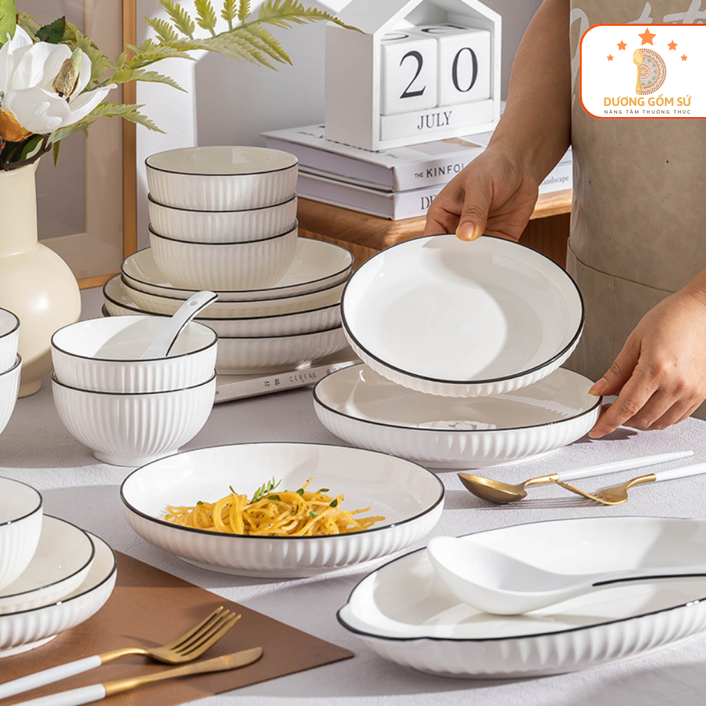 Bán lẻ bát đĩa gốm sứ tráng men cao cấp lẻ món màu trắng viền đen dùng được cho lò vi sóng