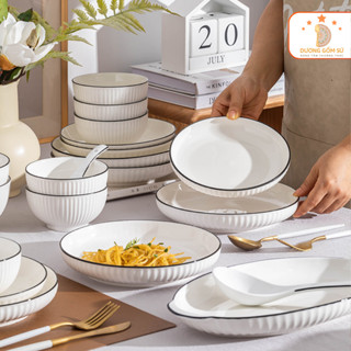 Bán lẻ bát đĩa gốm sứ tráng men cao cấp lẻ món màu trắng viền đen dùng được cho lò vi sóng