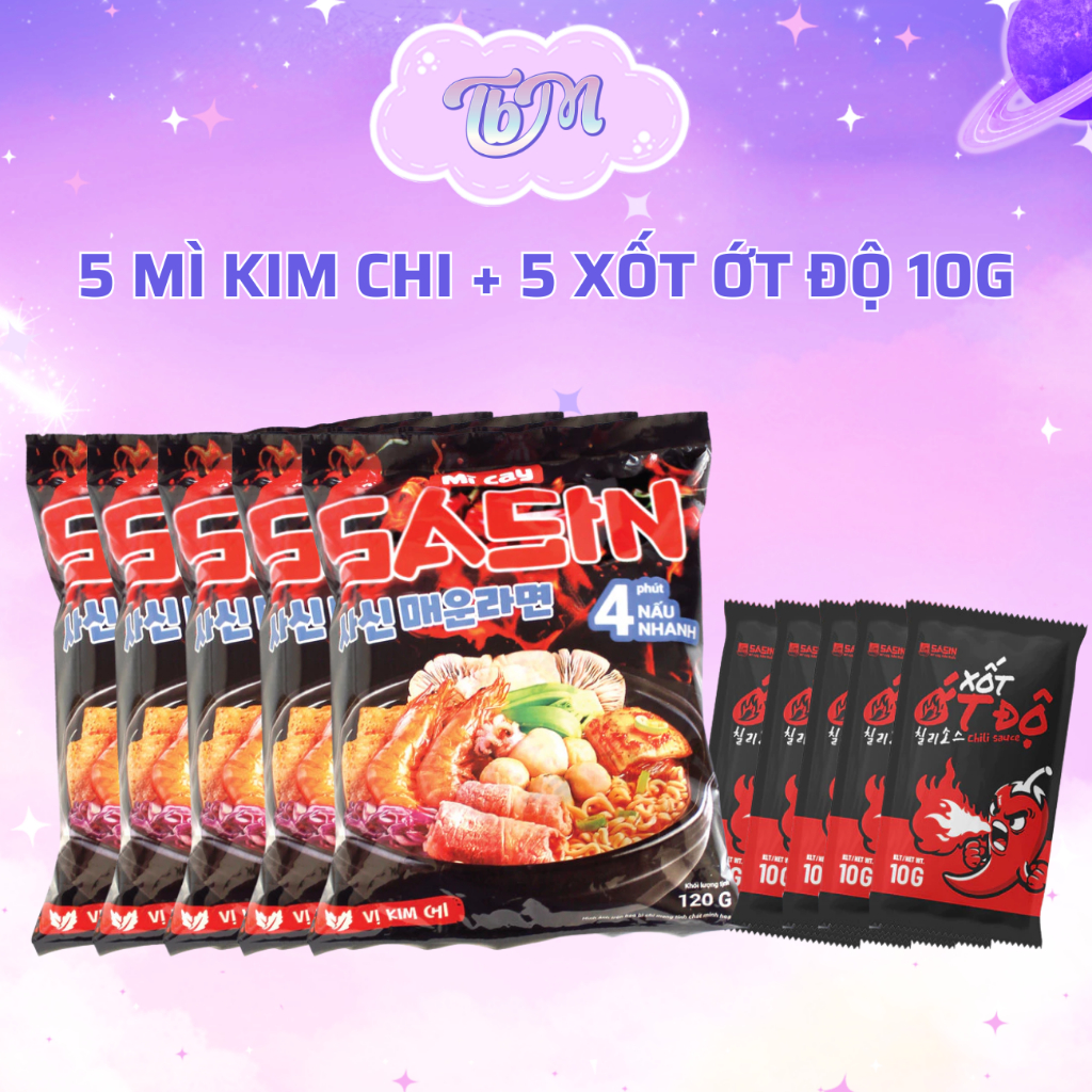 Combo 5 gói mì cay Sasin vị kim chi/soyum 120g kèm xốt ớt độ 10g