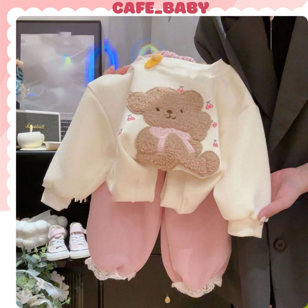 (8-25kg) Set Bộ Đồ Quần Áo Dài Tay Trẻ Em Mùa Thu Đông Chất Nỉ Dày Style Hàn Quốc Thêu Gấu Dễ Thương Cho Bé Gái -BABY216