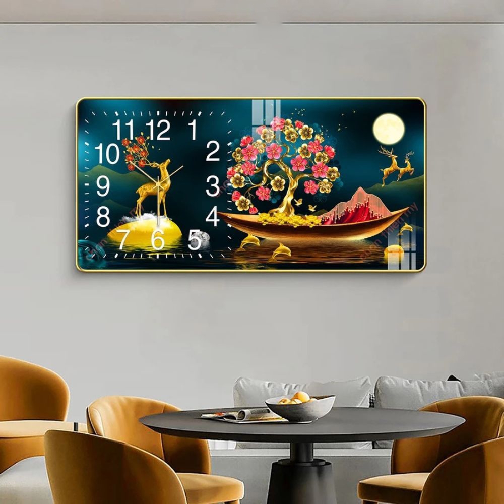 Tranh Đồng Hồ Tráng Gương In 5D Chủ Đề “Hươu Nai Tài Lộc” – Sang Trọng, Quà Tặng Ý Nghĩa | Mijan Fun