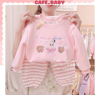 (10-23kg) Set Bộ Quần Áo Bé Gái Thu Đông Style Hàn Quốc Hàng Nỉ Dày QCCC Hồng Kẻ Thêu Hình Dễ Thương Cho Trẻ Em -BABY514