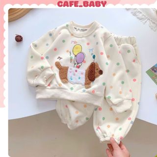 (9-25kg) Set Bộ Dài Tay Mùa Thu Đông Trẻ Em Hàng Nỉ Ép Dày Thêu Cún Con Đồ Quần Áo Màu Kem Chấm Bi Cho Bé Gái- BABY510