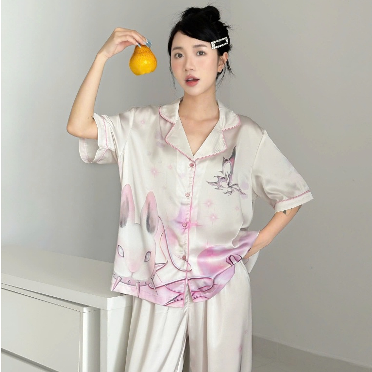  Bộ Pijama Lụa Nữ Tay Ngắn Galaxy Bunny Hoạ Tiết Tím Pastel - Đồ Ngủ Pyjama Thiết Kế Sang Trọng ELRever 0925S10 