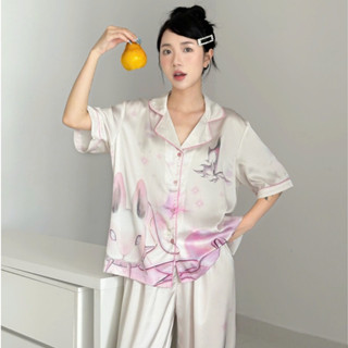 Bộ Pijama Lụa Nữ Tay Ngắn Galaxy Bunny - Đồ Ngủ Pyjama Thiết Kế Sang Trọng ELRever 0925S10