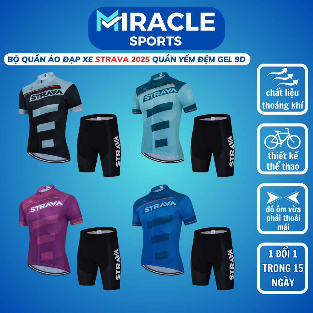 Bộ quần áo nam nữ đạp xe quần yếm đệm GEL 9D STRAVA Gran Fondo 2025 vải thoáng khí có túi MIRACLE SP