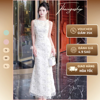  { MỞ BÁN- TẶNG KHĂN CHOÀNG } Đầm Dự Tiệc Dáng Dài Đuôi Cá Cổ Thuyền  Chất Ren Hoa Màu Xanh Màu Hồng D1430 
