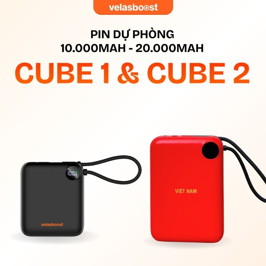 Pin sạc dự phòng 10.000 mAh - 20.000 mAh CUBE1 | CUBE2 velasboost, Sạc nhanh 22.5W, Tích hợp cáp sạc