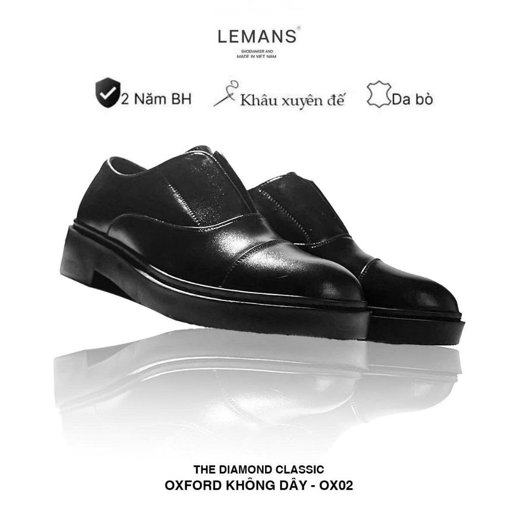 Giày da bò Oxford không dây Black LEMANS OF02.3 - Đế độc quyền Lemans_ Tăng cao 4cm_Bảo hành chính hãng 24 tháng