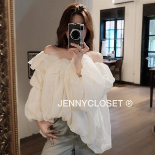  JENNYCLOSET ®”Nima Top”•Áo trễ vai nữ voan bèo dài tay dáng bồng bềnh  Áo hở vai điệu đà tiểu thư-2màu :kem hồng 