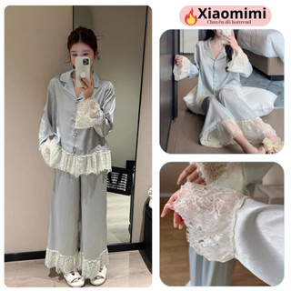  Đồ ngủ nữ pijama mặc nhà màu xanh chất lụa sattin phối ren sang chảnh đi chơi mặc ngủ đều đẹp HCOM3518 Xiaomimi 