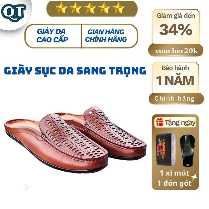 Sục Nam Lười Da Bò Thật Cao Cấp  Nguyên Miếng Đế Cao Su Thiết Kế Thoáng Khí Mùa Hè