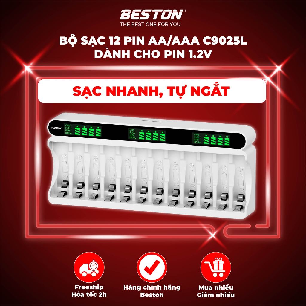 Bộ sạc 12 pin AA/AAA C9025L dành cho pin 1.2V, màn LED hiển thị theo dõi, sạc nhanh, tự ngắt khi đầy