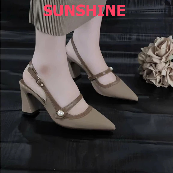Giày cao gót mũi nhọn 5p thiết kế sang chảnh,cao gót gót vuông đủ màu nâu, trắng, đen Sunshine A119
