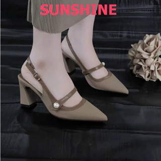 Giày cao gót mũi nhọn 5p thiết kế sang chảnh,cao gót gót vuông đủ màu nâu, trắng, đen Sunshine A119
