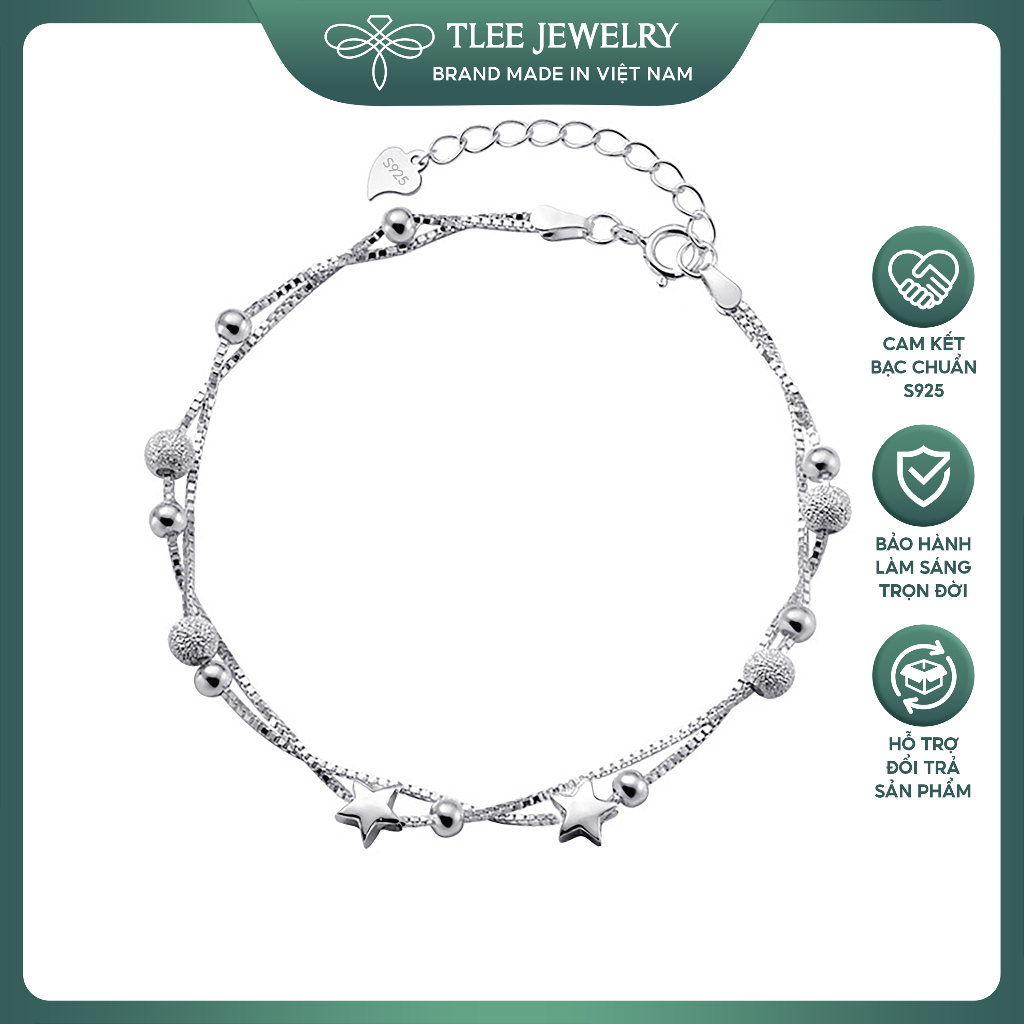 Lắc tay bạc nữ TLEE, vòng tay kép hình sao mix charm bi phay cát lấp lánh TLEE JEWELRY LT0319