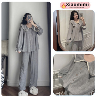Đồ bộ nữ đồ mặc nhà chất cotton cổ sen vạt vuông màu xám viển ren, đô ngủ pijama cao cấp HCOM3690 Xiaomimi