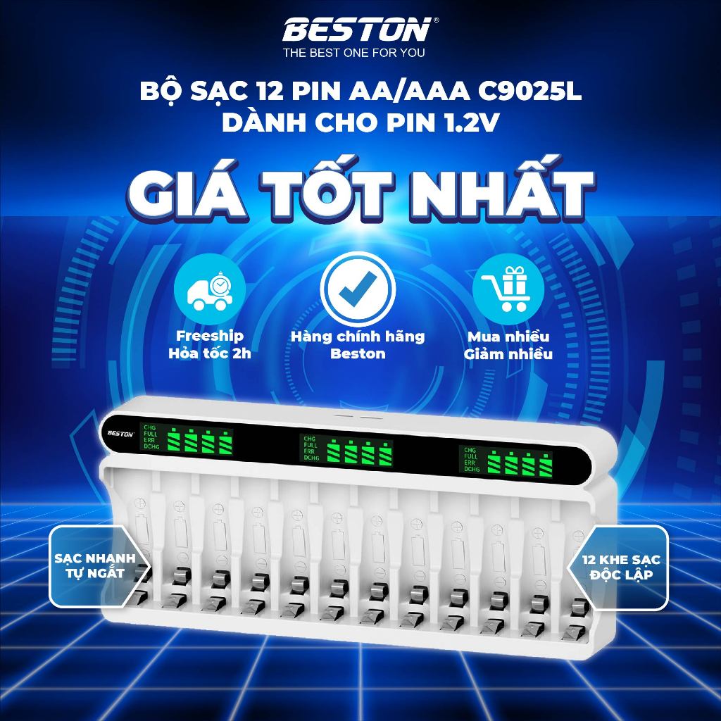 Bộ sạc 12 pin AA/AAA C9025L Beston dành cho pin 1.2V, LED theo dõi tiện lợi, sạc nhanh, tự ngắt