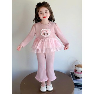   HÀNG LOẠI 1  Set Bộ Len Tăm Thỏ In Hình Mèo 2025 + Quần Ống Loe Phối Bèo  Dành Cho Bé Gái Dễ Thương,Sz 9-32KG 