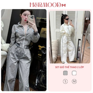 Set bộ gió nữ, áo khoác mix quần suông ống rộng phối kẻ chất gió phong cách thể thao sang chảnh H69