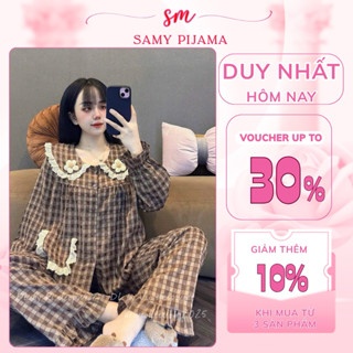  Bộ đồ nữ mặc nhà ,đồ bộ pijama SAMY dài tay thu đông thiết kế kẻ caro đũi gân nhung cổ sen đính hoa size 40-58kg 