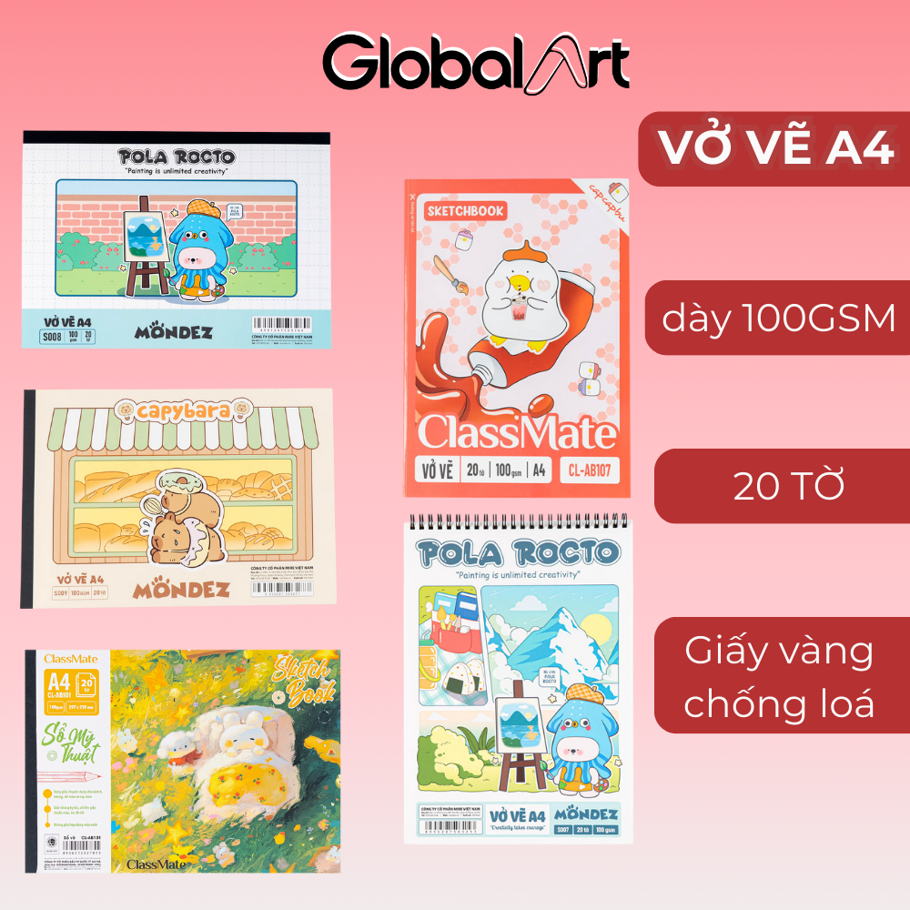  Vở Vẽ A4 20 Tờ Sổ Vẽ Mỹ Thuật Giấy Chống Loá Gáy Lò Xo Dán Gáy ClassMate Dễ Thương Phù Hợp Cho Bé Vẽ Tranh Tô Màu 