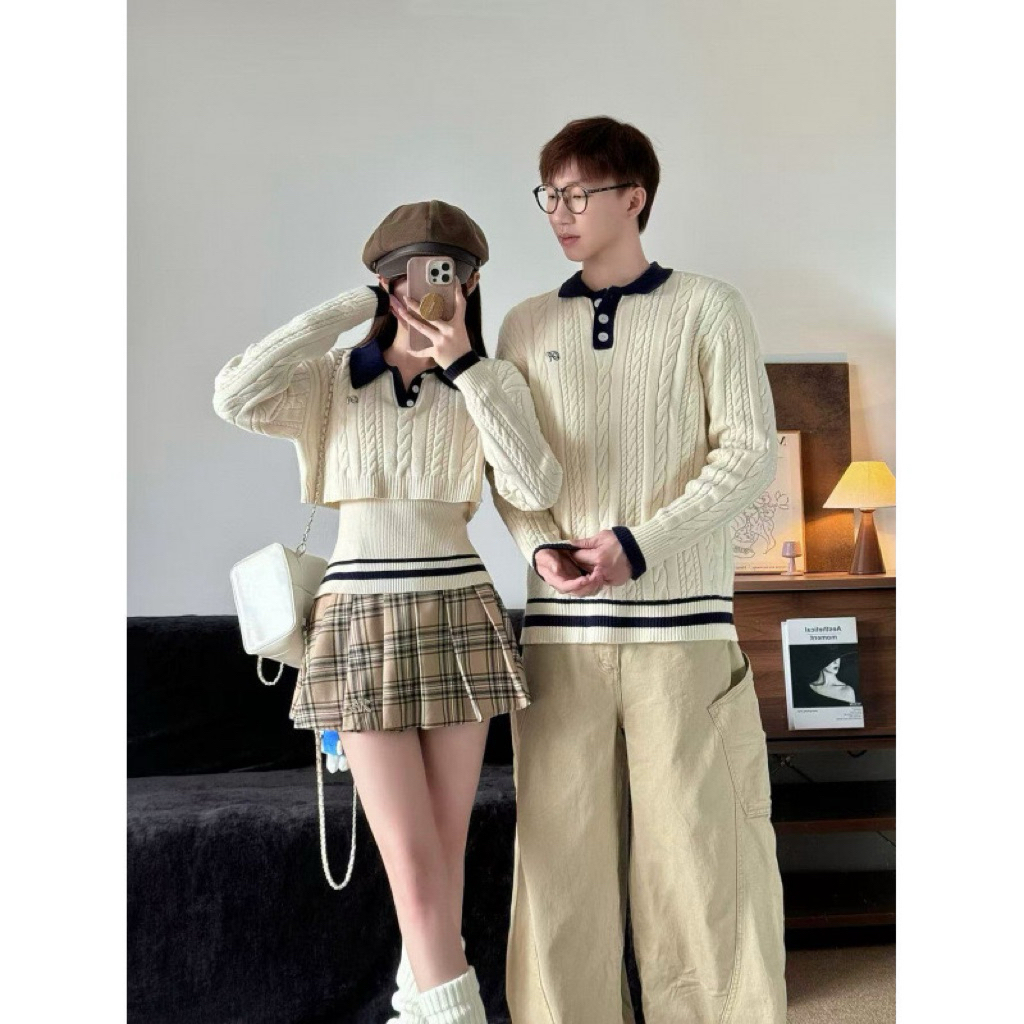 [ODER 7-15 NGÀY] Áo len đôi nam nữ màu be cổ xanh than áo nữ gồm áo trong và áo croptop ngoài