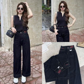  Quần jean suông xanh đen denim phối mác đỏ nâu siêu xinh 95cm 102cm #8256#8302  AN TÂY  
