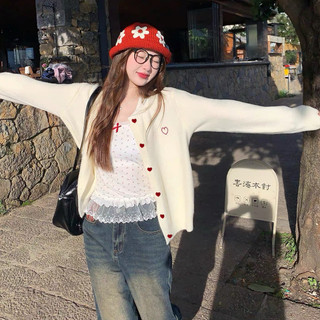  Áo len cardigan nữ cúc tim đỏ thêu ngực dài tay phong cách minimallist Hàn Quốc 24Feb.studio AKN0038 