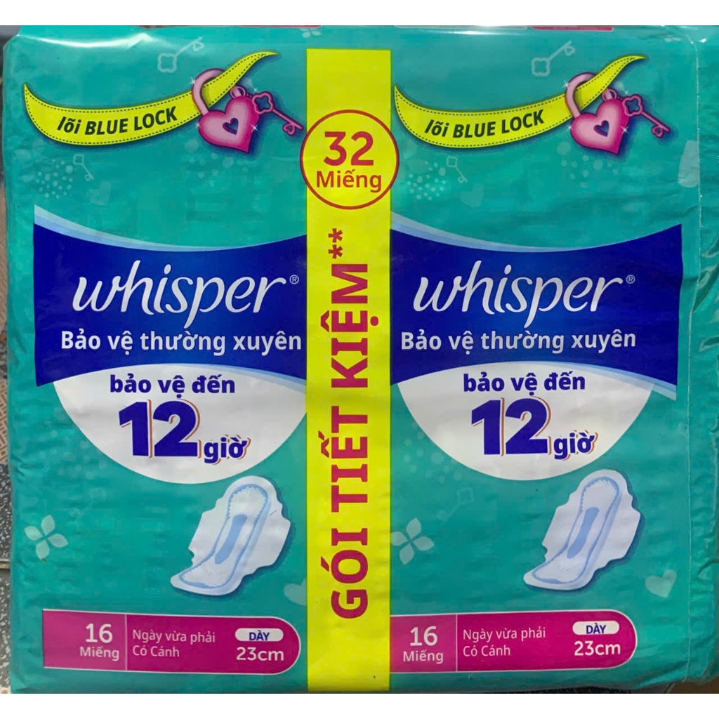   23cm- 32 Miếng Gói  - 1 Gói Băng Vệ Sinh Whisper 32 Miếng Có Cánh 23cm Bảo Vệ Thường Xuyên- Mẫu mới của Whisper 40 