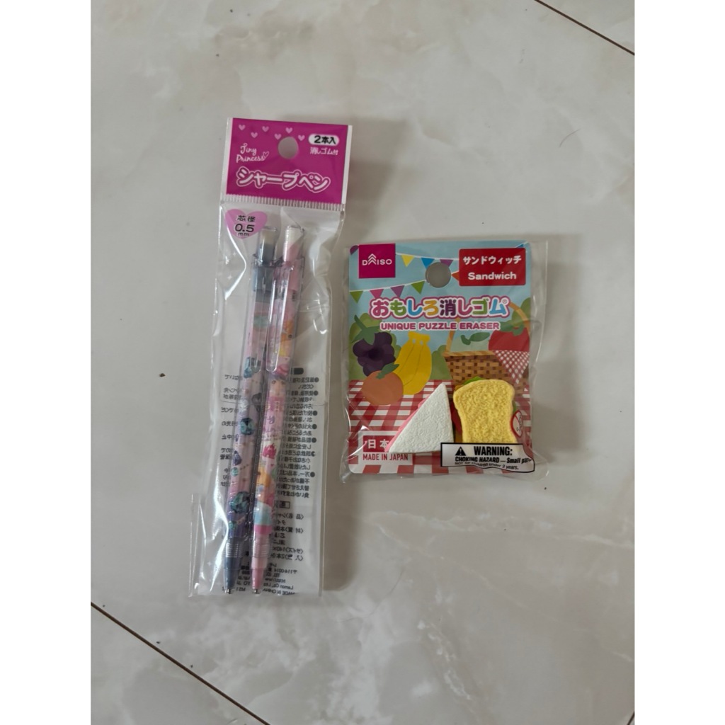 Daiso Japan Sharp Pencil(Tiny Princess) 2pcs,Unique Puzzle Eraser(Sandwich) 2pcs Lot