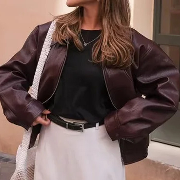 áo khoác Zara made in Morocco da PU mận hoặc đen khóa kéo kiểu dáng moto khỏe khoắn