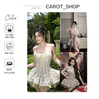  VHT27   KÈM QUẦN + BO CHUN   ĐẦM 2S “ HOA KEM “ THÊU REN HOA ĐÍNH VAI sang chảnh xoè by CarrotShop 