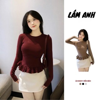  Áo Thun Dài Tay Nữ Ôm Body Phối Viền Bèo Xinh cotton lông mịn LÂM ANH TRẦN MA2509 