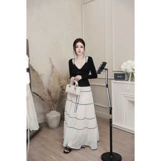 Set Áo Len Zip Mix Bra Phối Chân Váy Xoè Dáng Dài, Set Bộ 2 Món Áo Body Mix Chân Váy