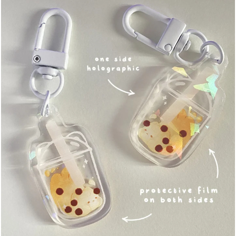 Cute Bubble Milk Tea Cat Keychain | Acrylic Holographic Keychain