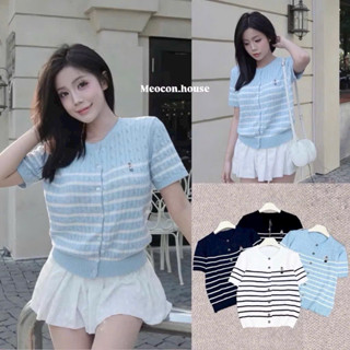  Áo len kẻ ngang tay cộc cổ tròn khuy cài hoạ tiết vặn thừng hàng quảng châu A257 