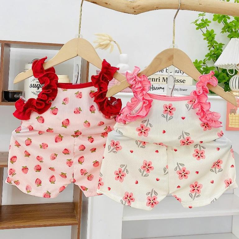 Đồ bộ bé gái 2 dây từ 6 - 15kg vải tăm lạnh mềm, co giãn tốt, màu đẹp, không xù lông