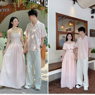Set đồ đôi couple - Áo váy cặp đôi sọc hồng phấn baby nữ dáng cúp ngực kèm choàng vai sang xinh
