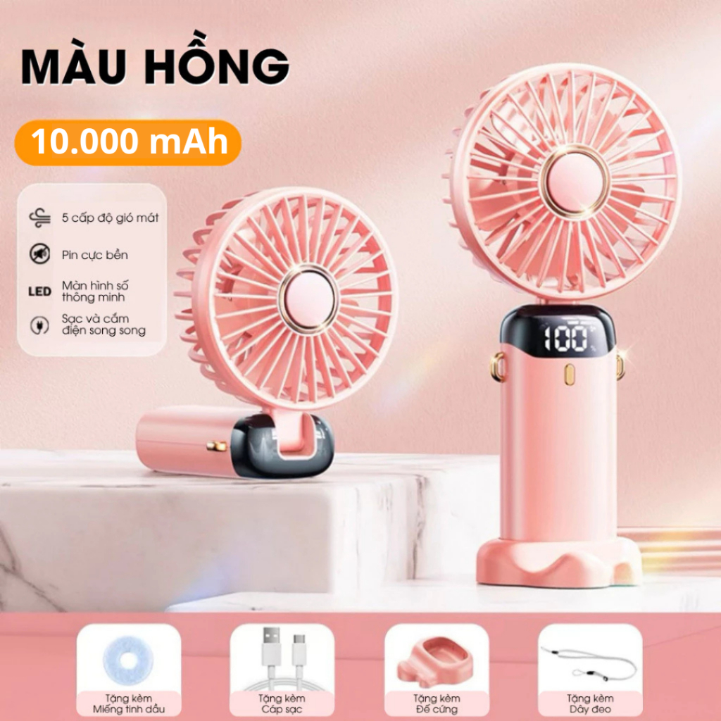 Quạt Mini Cầm Tay Tích Điện N15,Pin Sạc 10.000mAh,5 Tốc Độ Gió, Xoay Linh Hoạt 90 Độ Có Dây Đeo Cổ,Đèn LED Hiển Thị | BigBuy360 - bigbuy360.vn