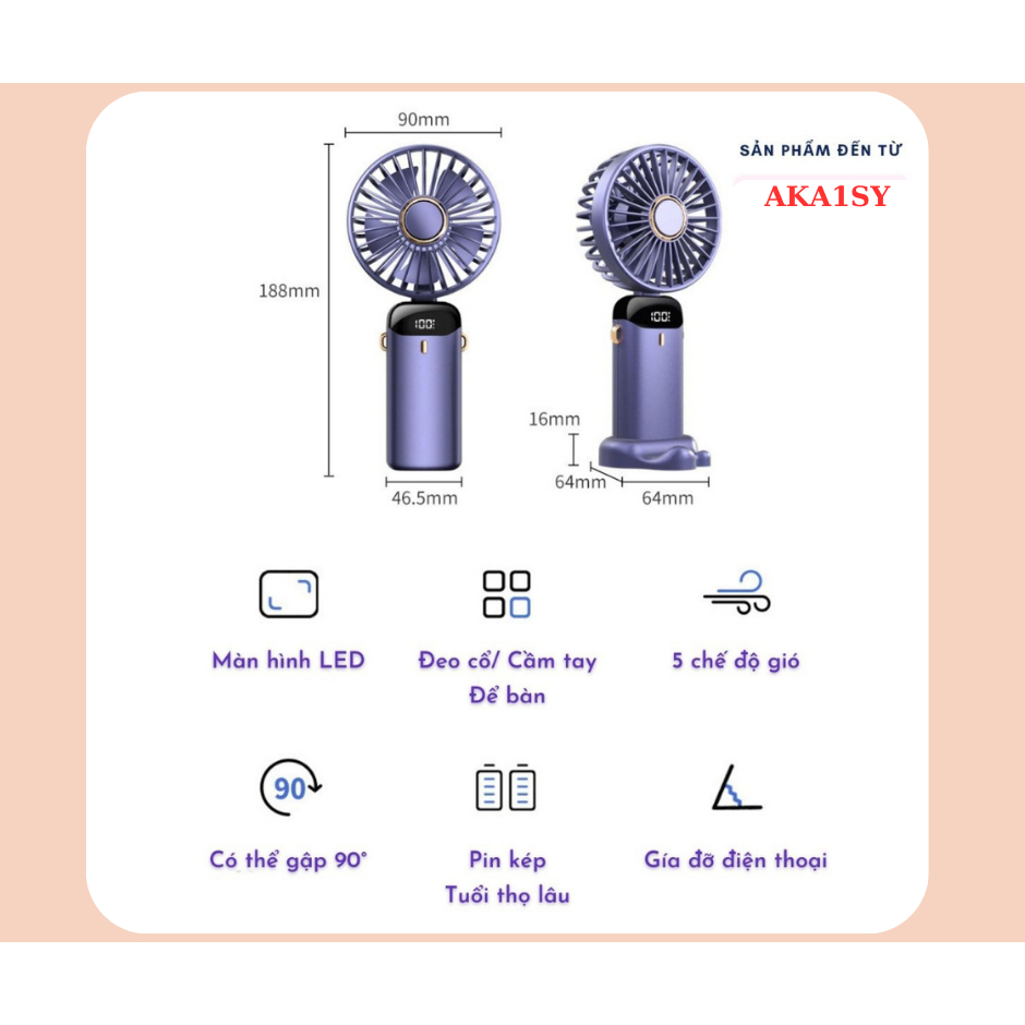 Quạt Mini Cầm Tay Tích Điện N15,Pin Sạc 10.000mAh,5 Tốc Độ Gió, Xoay Linh Hoạt 90 Độ Có Dây Đeo Cổ,Đèn LED Hiển Thị | BigBuy360 - bigbuy360.vn